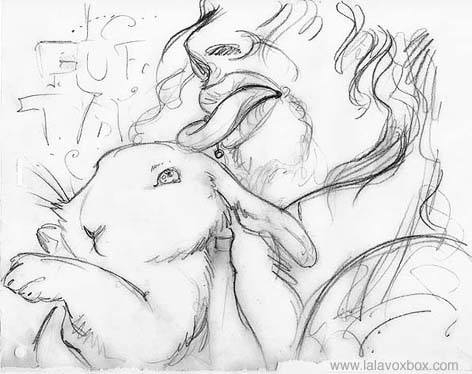 Fashion sketch of a man with a pierced tounge licking a bunny rabbit, by LaLaVox.