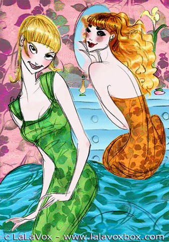 Fashion illustration of two blonde girls wearing flowered dresses in a bedroom with a flowered bedspread and flowered wallpaper, by LaLaVox.