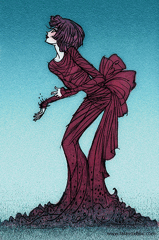 Fashion illustration in blue and purple of a woman wearing a long dress with a big bow in the back, by LaLaVox.