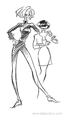 Fashion sketches of a tall blonde girl and a petit brunette girl, by LaLaVox.