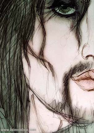 Color fashion sketch of a man wearing eyeliner, by LaLaVox.