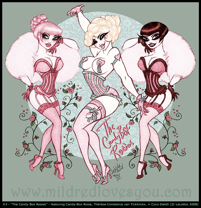 Pin-Up #3 - 'The Candy-Box Rosies' - featuring Candy-Box Rosie, Therese-Constance van Ticklinckx, and Coco Delish - a MildredLovesYou.com cartoon pin-up by LaLaVox.