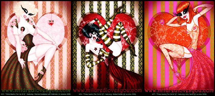Pin-Ups #25, #26, #27 - 'Three Hearts' - featuring Therese-Constance van Ticklinckx, Mildred Mahler, and Kitty Derail - MildredLovesYou.com cartoon pin-up illustrations by LaLaVox.